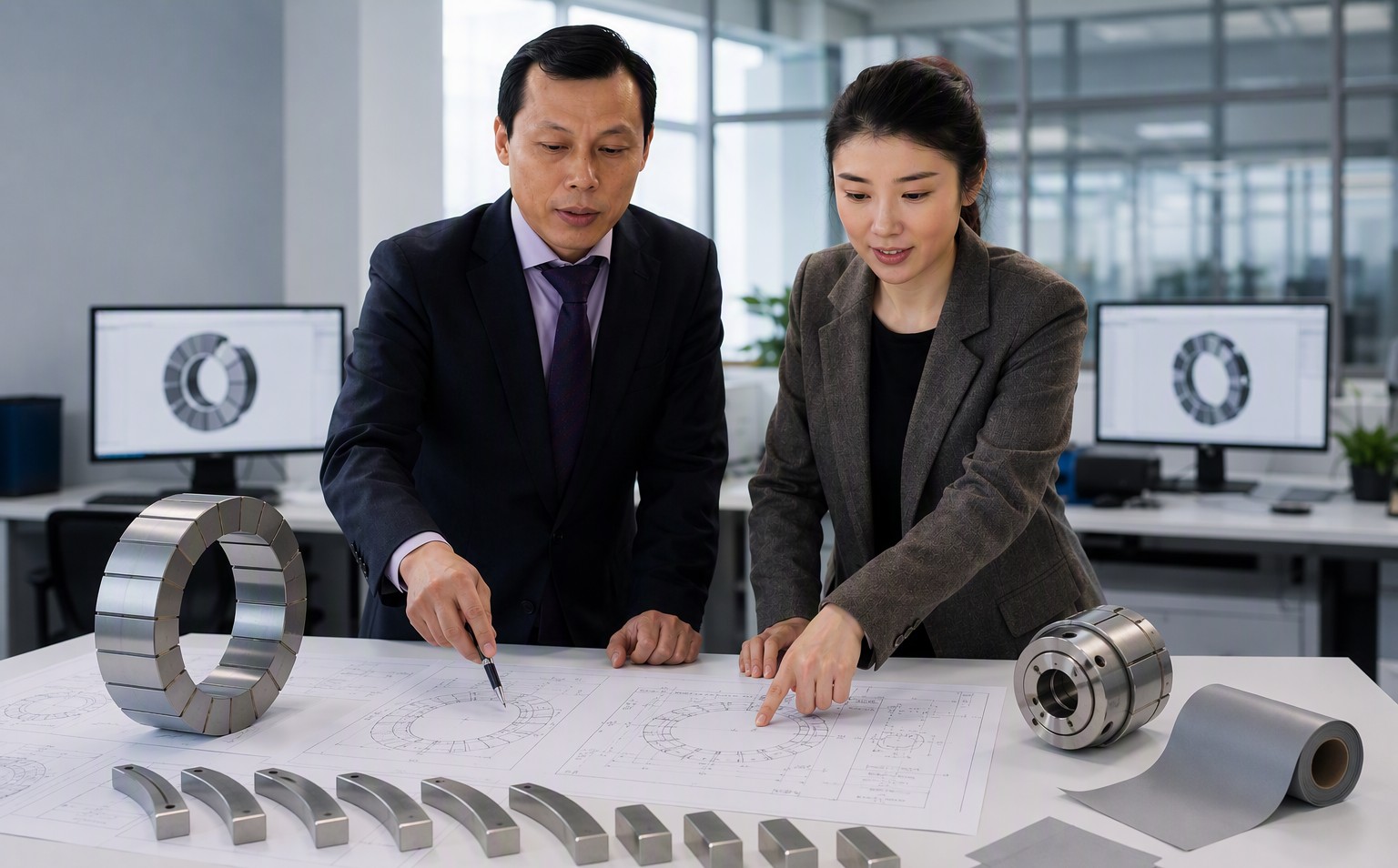 XAK magnetic application engineers discussing a custom magnetic solution — Halbach array ring, arc magnets, magnetic coupling and EMI absorber sheet samples with engineering drawings on the desk