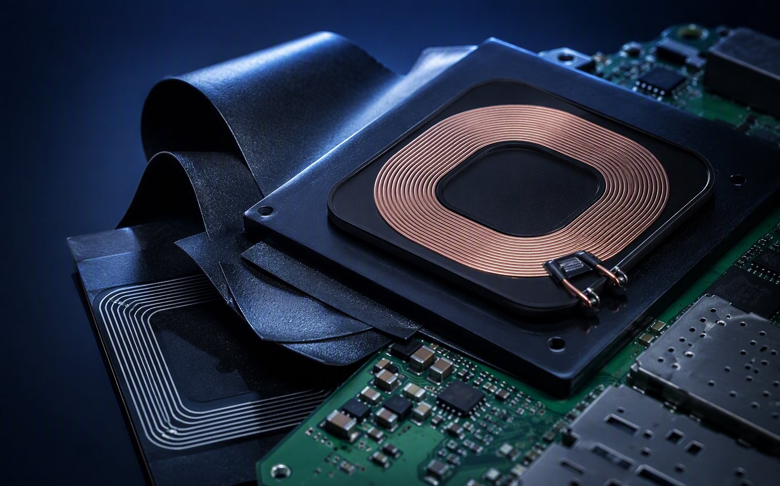 Ferrite absorber sheets and wireless charging coil on PCB