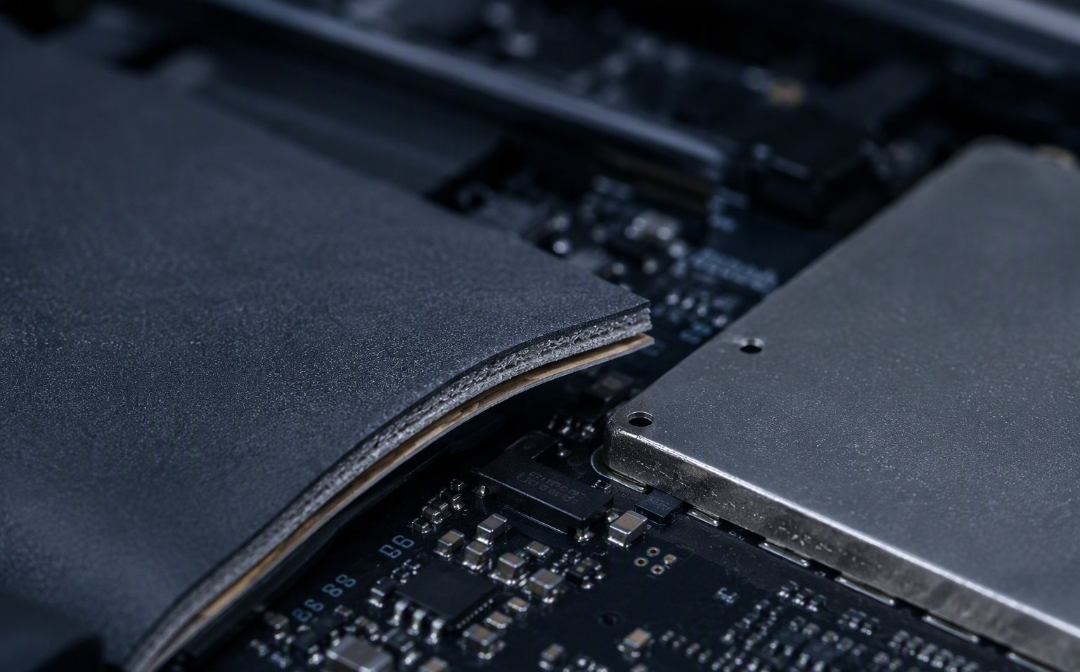 EMI absorber sheet laminated over a PCB next to a shielded chipset inside an electronic device