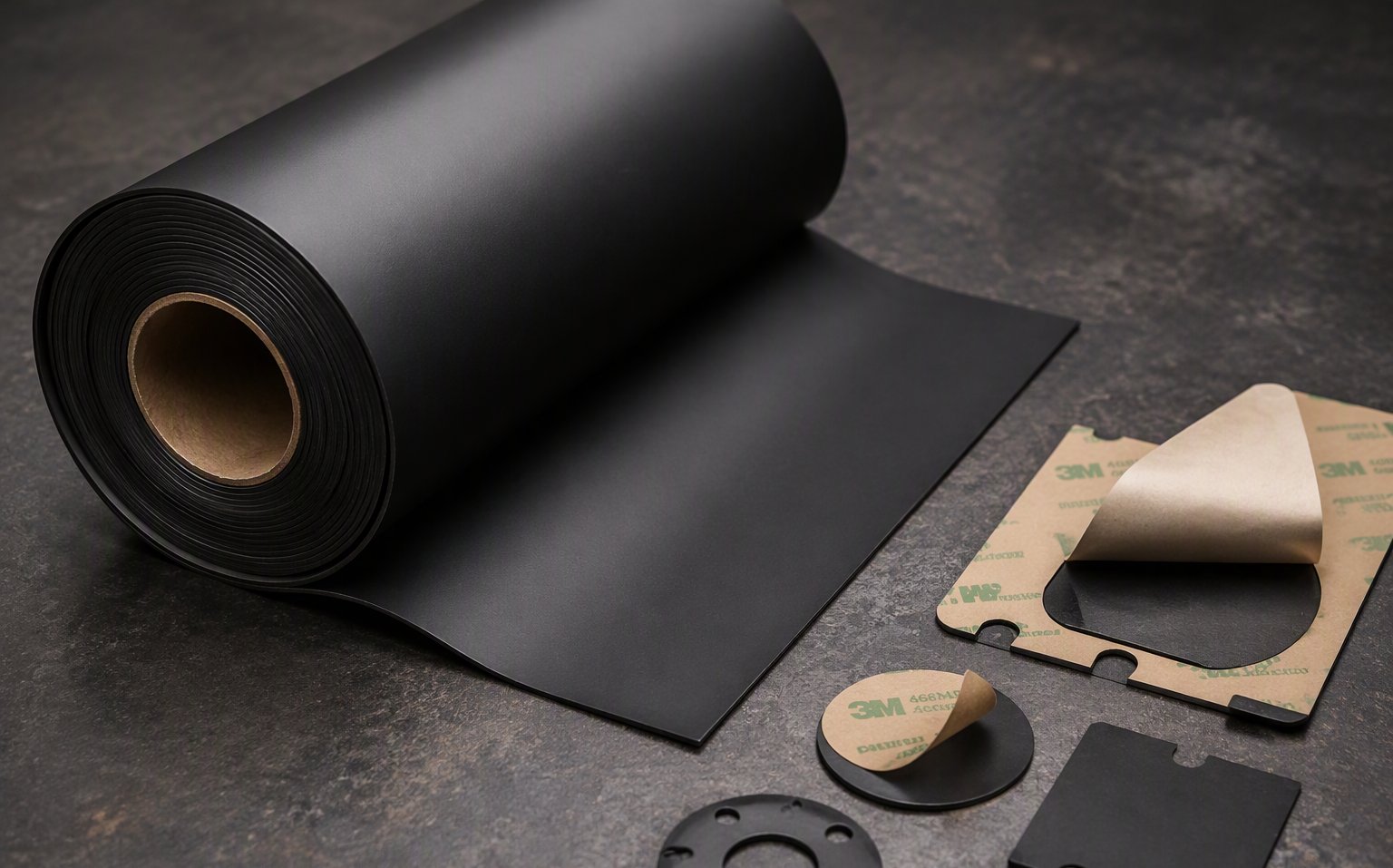 XAK S-A EMI absorber sheet roll partially unrolled with die-cut pieces and adhesive release liner on dark surface