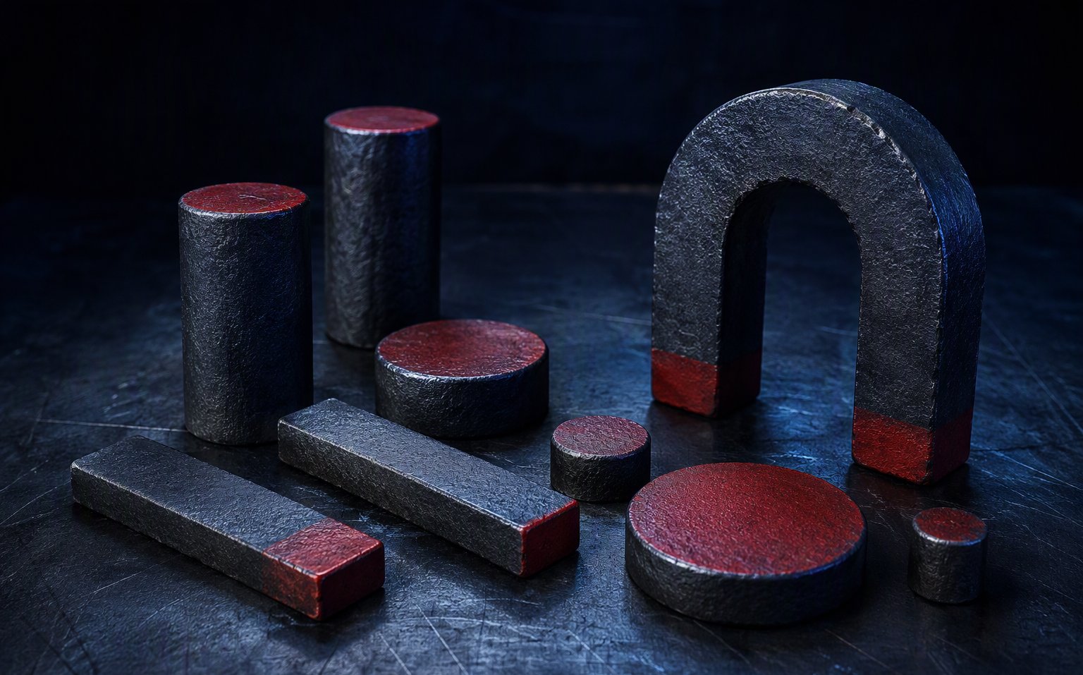 Cast AlNiCo magnets in disc, cylinder, bar and horseshoe shapes with red painted poles