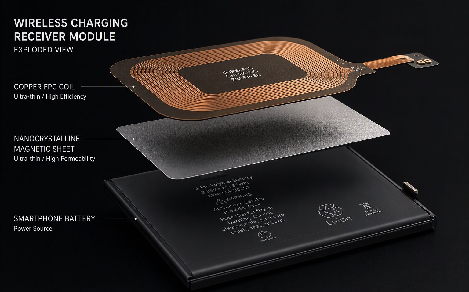 Exploded wireless charging receiver module: copper FPC coil, ultra-thin nanocrystalline sheet and battery stack
