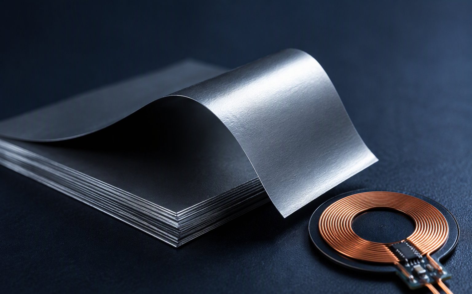 XAK F-N nanocrystalline magnetic sheets, thin silvery ribbon stacked and gently curved beside a copper wireless charging coil