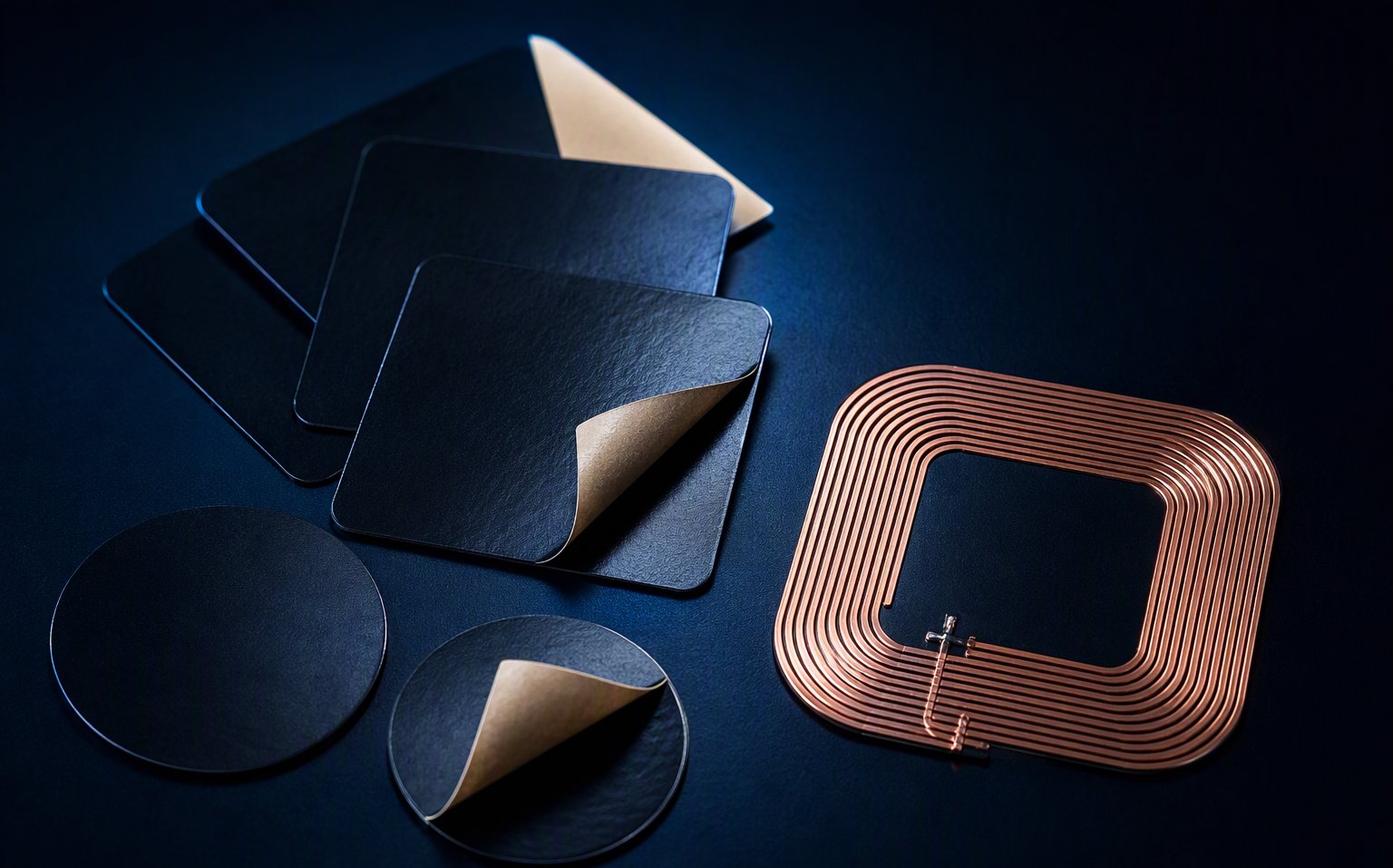 Ultra-thin black NFC ferrite sheets, die-cut rectangles and discs with adhesive liner, beside a copper NFC antenna coil