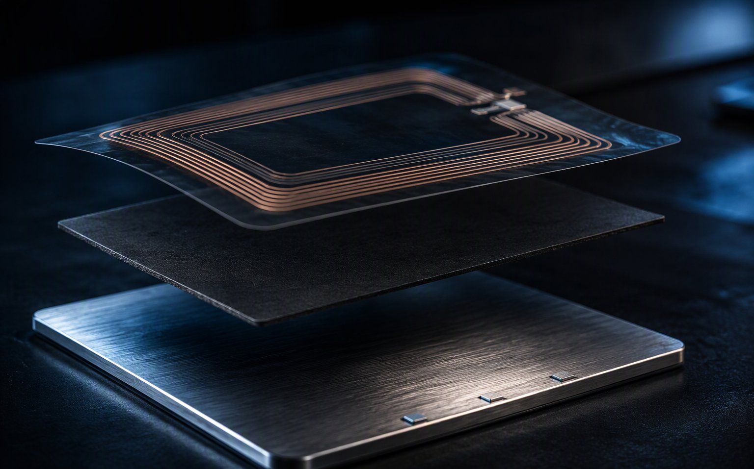 NFC antenna stack: flexible coil film, ferrite flux-director sheet and metal battery plate in a separated sandwich view