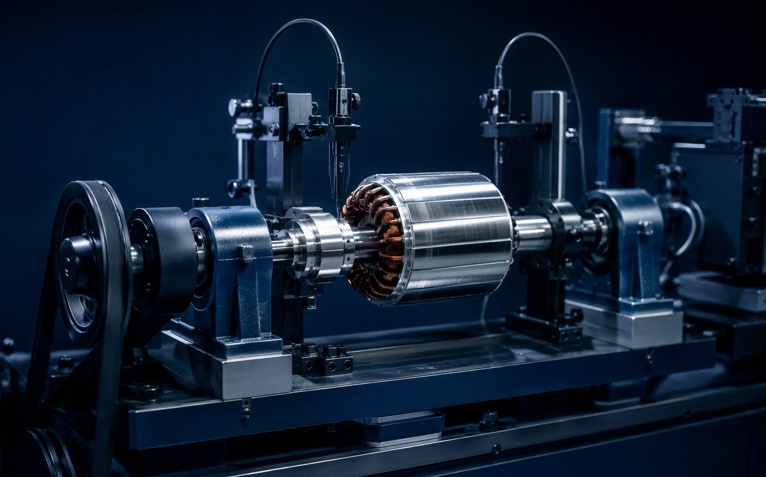 Motor rotor mounted horizontally on a dynamic balancing machine with bearing pedestals on an industrial test bench