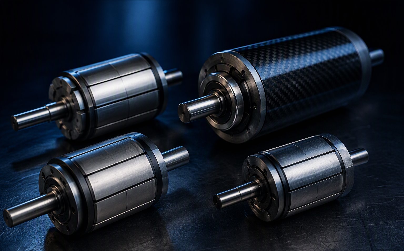 Several custom PMSM rotor assemblies with steel shafts and glued arc neodymium magnets, one with carbon fiber sleeve, on a dark workbench