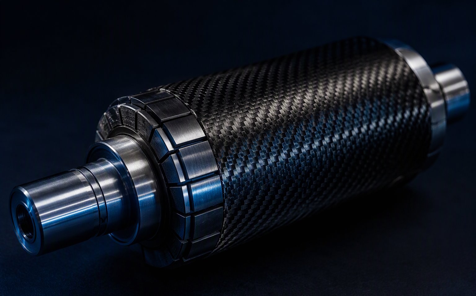 High-speed permanent magnet rotor with black carbon fiber retention sleeve wound over segmented arc magnets on a precision steel shaft