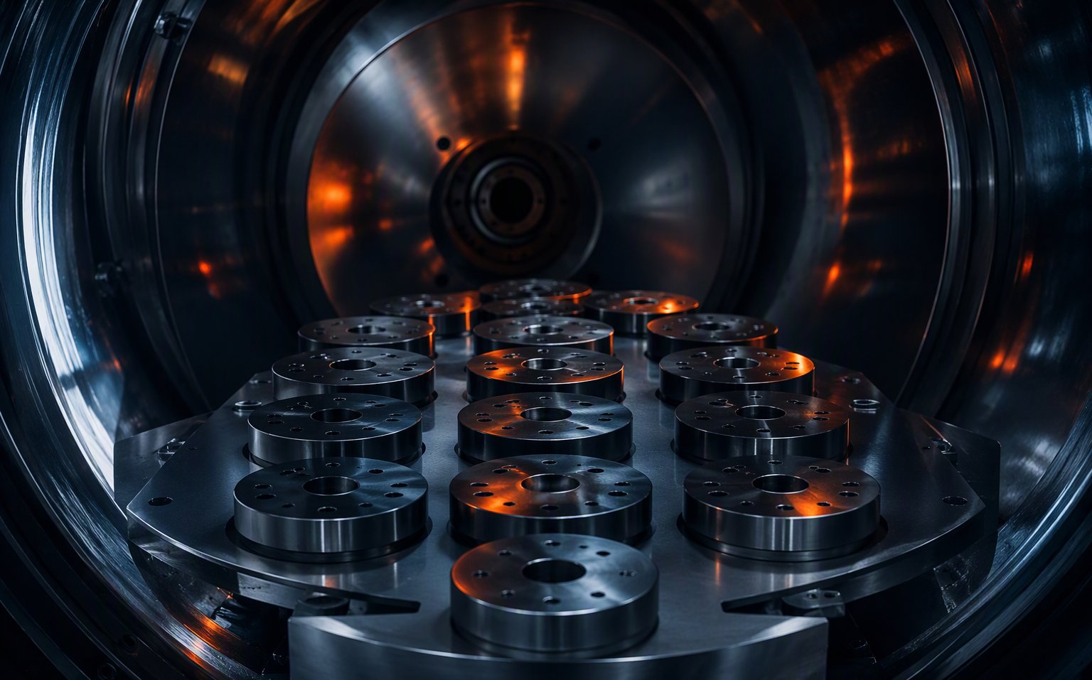 Dies held on a fixture plate inside a PVD vacuum coating chamber — a typical high-temperature holding magnet application