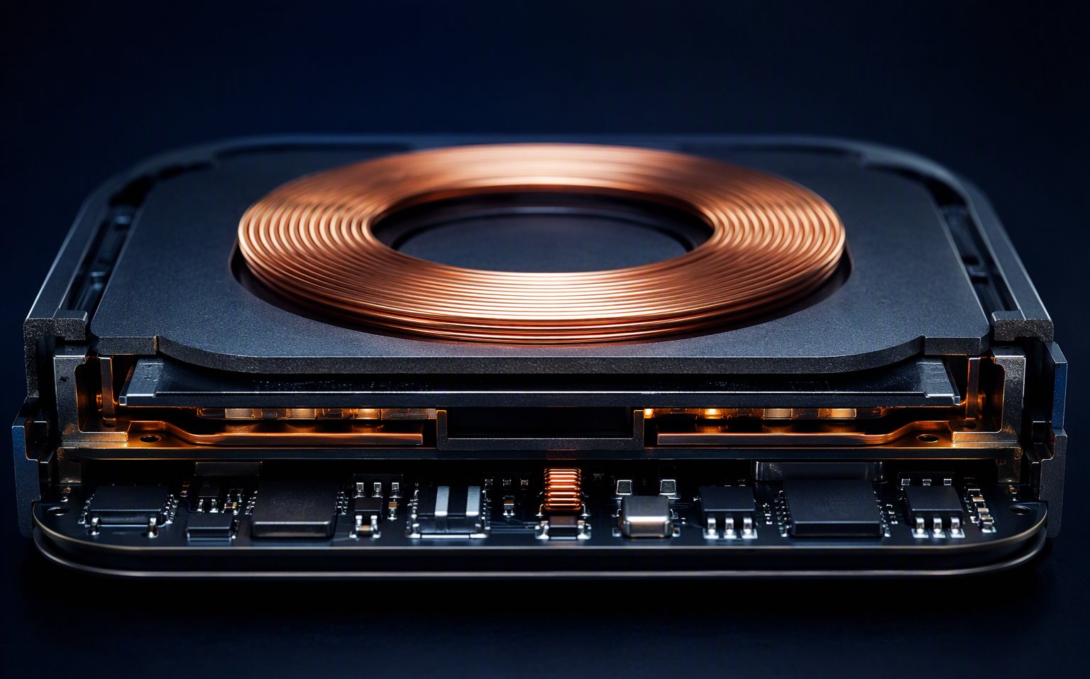 Wireless charging transmitter coil mounted on a ferrite sheet plate, macro view of the charging module cross-section