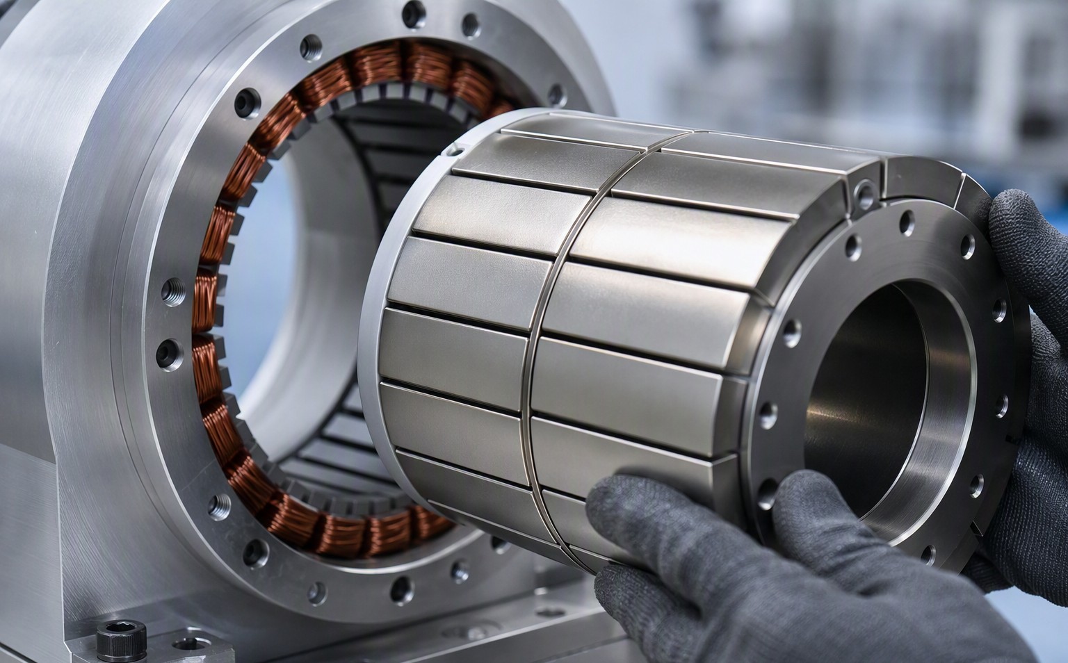 Segmented Halbach array permanent magnet rotor being installed into a brushless servo motor stator for a robot joint