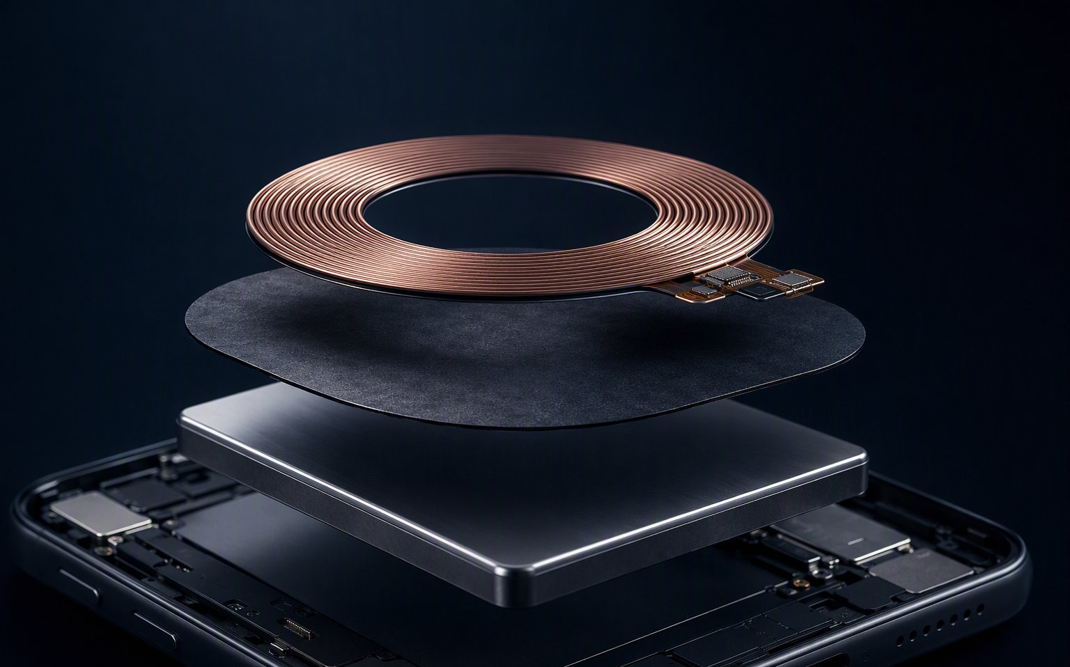 Exploded view of a wireless charging receiver stack: copper charging coil on top, flexible ferrite shielding sheet slightly larger than the coil in the middle, battery pack at the bottom